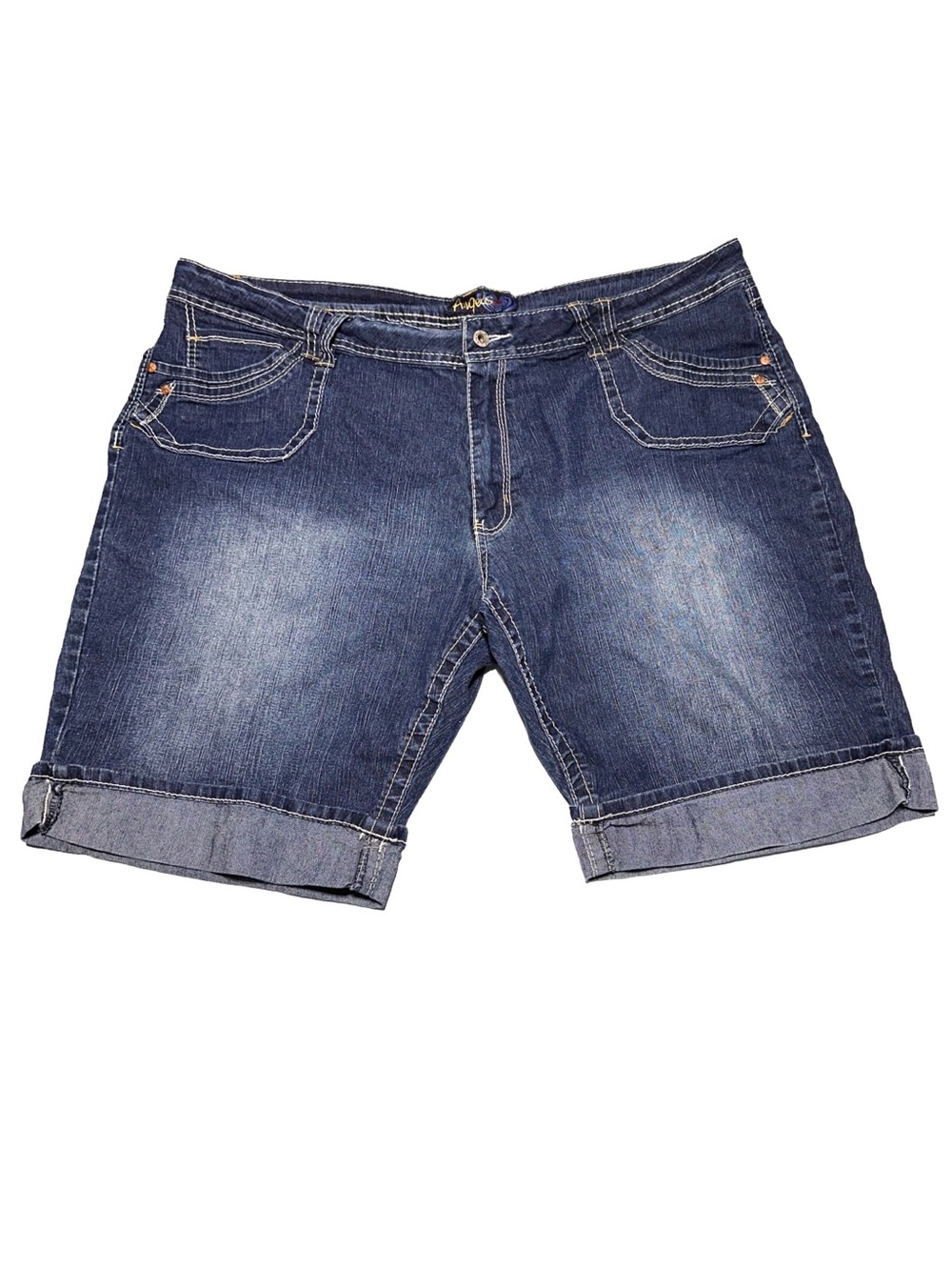 Y2K Dark Wash Denim Bermuda Jean Shorts Cuffed Contrast Stitch Plus Size 24W